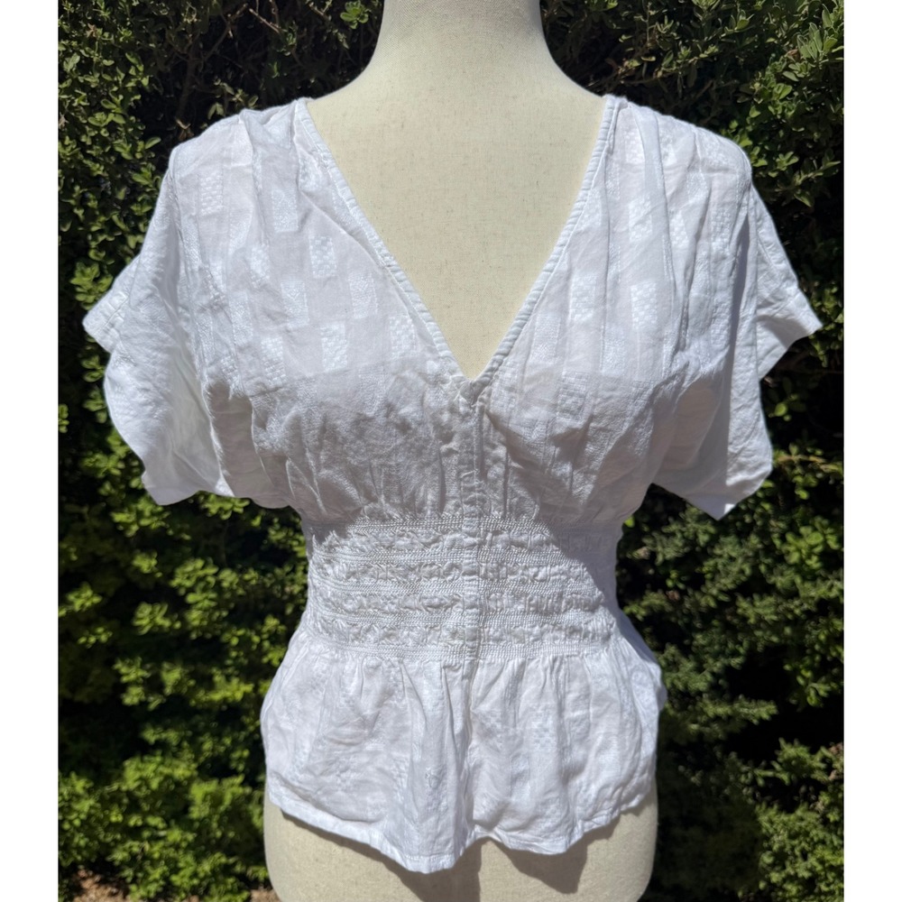 Madewell White  Smocked Peplum Top V-Neck Short Sleeve Large